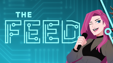 Helltürkises Logo von 'THE FEED' vor dunklerem Hintergrund mit den Charakteren Mila