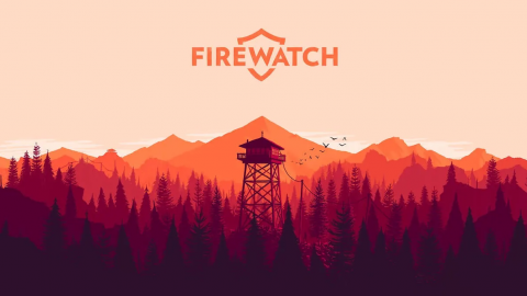 Stilisierte Darstellung des Waldgebiets aus Firewatch mit dem Aussichtsturm in der Mitte des  Waldes. Die Gesamte Landschaft ist in Rottönen dargestellt, als wäre sie von der untergehenden Sonne beleuchtet. 