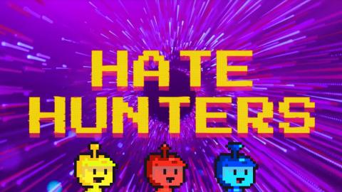 Gelborangener Schriftzug 'Hate Hunters' vor lila Hintergrund im Pixelart-Stil