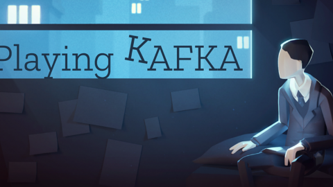 Playing Kafka Titelbild Der Hauptcharakter sitzt im dunklen Zimmer auf seinem Bett und schaut in Richtung der Notizzettel an seiner Zimmerwand.
