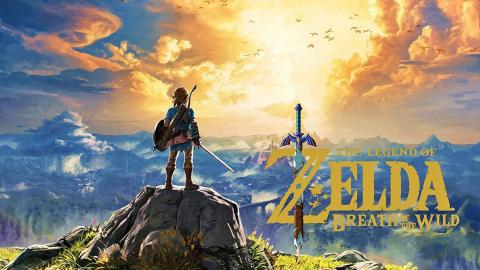 Logo von The Legend of Zelda: Breath of the Wild Der Protagonist Link steht auf einem Felsen und sieht in die Ferne