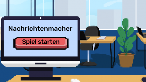 Büro-Arbeitsplatz in Pixel-Optik mit PC-Monitor, über den das Spiel gestartet werden kann