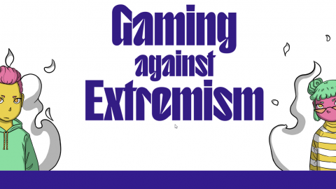 Logo des Projekts Gaming against Extremism In der Mitte steht der Schriftzug des Projekts Gaming against Extremism. Die 2 spielbaren Charaktere Luca und Mia stehen links und rechts davon.