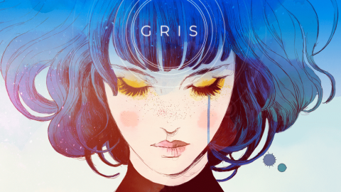 Gris Logo Die Hauptfigur, das Mädchen mit den blauen Haaren, schaut nach unten und aus einem Auge fließen Tränen.