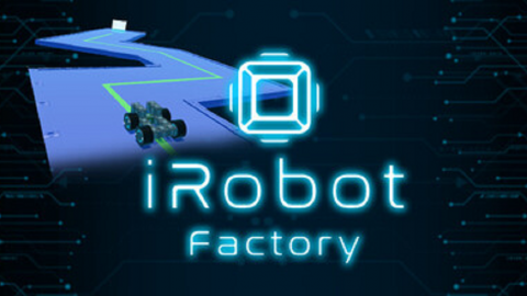 Das Logo des Spiels zeigt den Schriftzug "iRobot Factory" und im Hintergrund einen selbstgebauten Roboter, welcher auf einer grünen Linie fährt. 