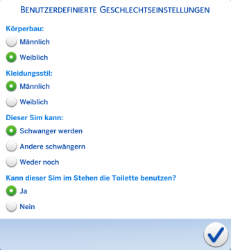 Screenshot aus Die Sims 4, Ansicht der Geschlechtseinstellungen im Figurenkonfigurator