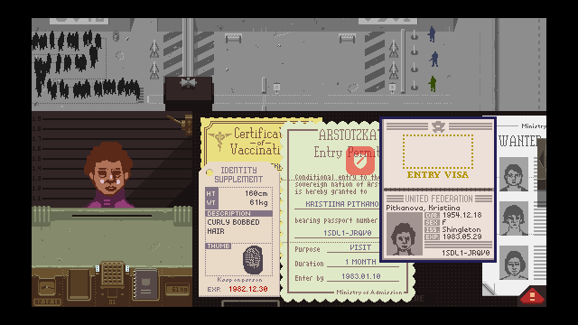 Screenshot aus dem Spiel "Papers, please", zu sehen ist ein Einreisewilliger und dessen Dokumente, auf denen persönliche Informationen wie Größe, Haarfarbe etc. vermerkt sind.