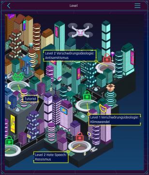 Ausschnitt aus der Levelübersicht, darunter das Tutorial und Level zu Rassismus, Klimawandel und Antisemitismus