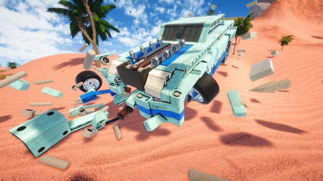 A car crashed and parts are flying through the air.