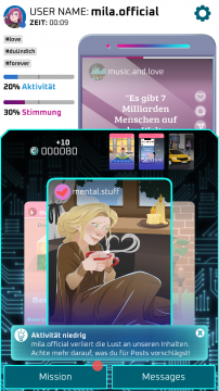 Auszug aus dem Gameplay in Kapitel 2, unten Hinweis vom Commander, dass der Charakter Mila das Interesse an den Inhalten der Plattform verliert