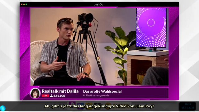 der Charakter Liam Roy wird in einem Stream von Dahlia interviewt