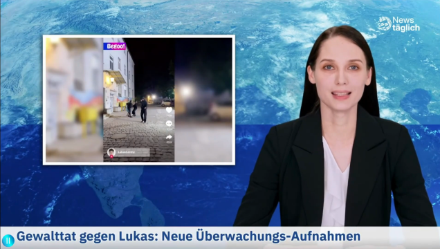 eine fiktive Nachrichtensprecherin berichtet von neuen Überwachungs-Aufnahmen von der Gewalttat gegen Lukas