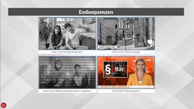 Überblick über die 4 möglichen Endsequenzen des Spiels, in denen die Demokratie oder eine Diktatur gewinnt, die Didaktur besiegt oder ein Widerstand dagegen organisiert wird