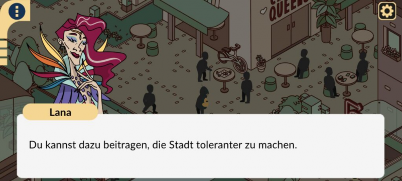 Ein Dialog des Hauptcharakters mit einer Bewohnerin der Ilios Stadt.