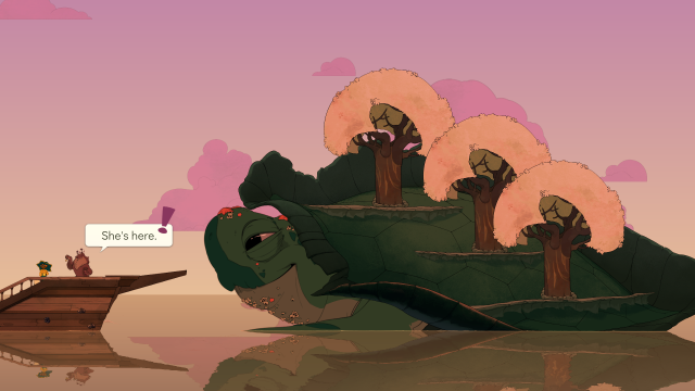 Die große sprechende Wasserschildkröte schwimmt am Schiff vorbei.