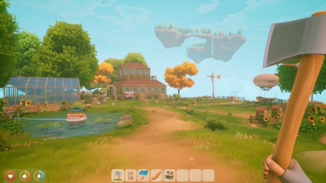 Spielerperspektive mit den aus Minecraft bekannten HUD Elementen zur Steuerung. Der Charakter hat eine Axt in der Hand und blickt auf die eigene kleine Farm.