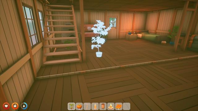 Die Baumenü des Spiels mit der Ansicht für Objektplatzierungen ist zu sehen. Der Spieler platziert gerade eine Topfplanze in seinem Haus.