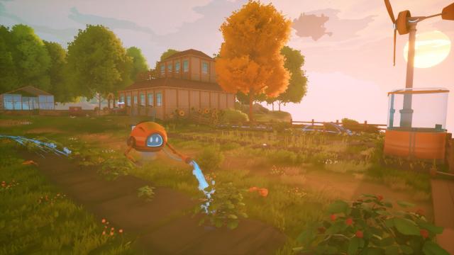 Ein kleiner Hilfsroboter wässert die Blumen auf der Farm.