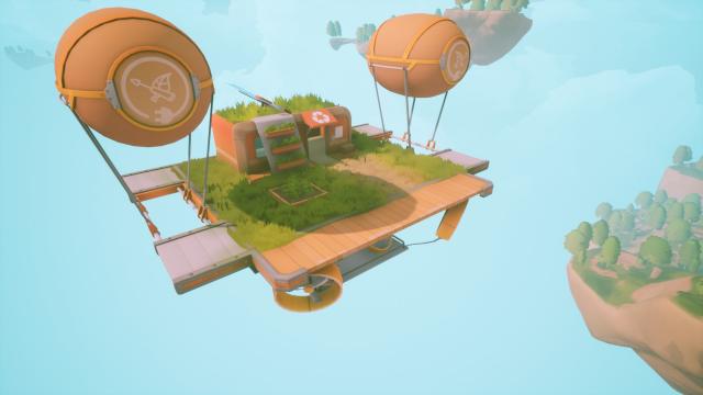 Eine Plattform mit einer Recycling-Anlage wird von Heißluftballons getragen und schwebt in der Luft.