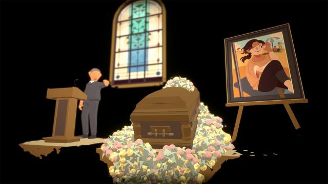 Eine abstrakte Szene einer Beerdigung zeigt einzelne Elemente einer kirchlichen Trauerfeier mit dem Sarg, Rednerpult, einem Glasfenster und dem  Portrait der Verstorbenen die allesamt im schwarzen Raum schweben.