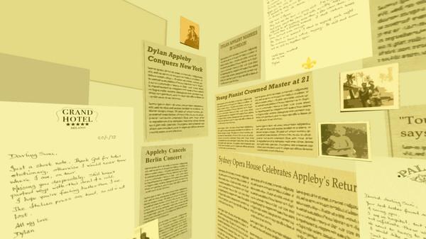 Eine Zimmerecke mit verschiedenen Zeitungsausschnitten, Notizen und Fotos die nebeneinander an die Wände geklebt wurden.