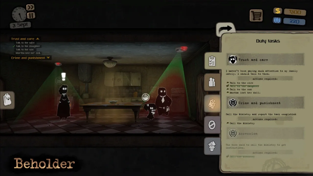 Die Hauptfigur steht zusammen mit seiner Frau und seinem Kind in der Küche.