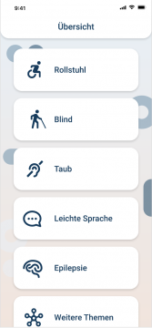 Übersicht über die einzelnen Menüpunkte Rollstuhl, Blind, Taub, Leichte Sprache, Epilepsie und weitere Themen