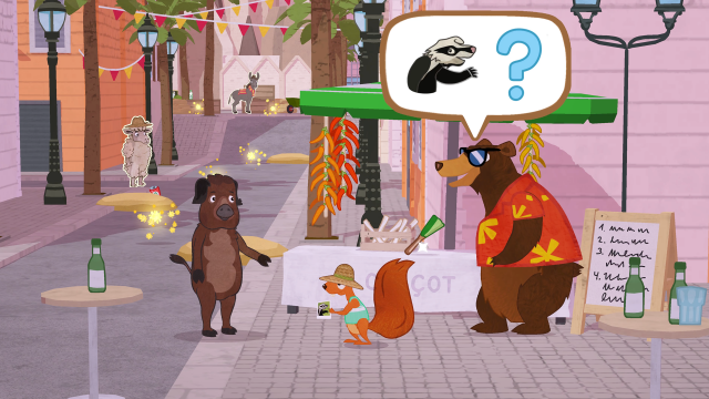 Die 2 Hauptcharaktere Eichhörnchen und Bär sind in Barcelona auf einem Essensmarkt und befragen ein Wildschwein, ob es ihren verschollenen Freund Frechdachs gesehen hat.