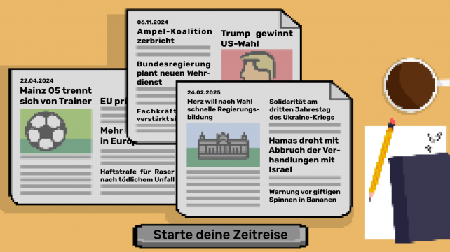 Auswahl zwischen drei Zeitungen, die verschiedene Tage mit realen Schlagzeilen im Jahr 2024 und 2025