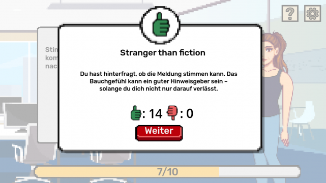 Positives Feedback zum Hinterfragen einer Meldung, Übersicht in Form von Daumen hoch und Daumen runter