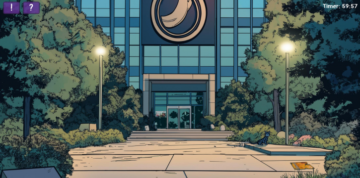 Die Spieler*innen befinden sich vor dem Haupteingang des Kontrollinstituts der Mega-Konzerne und müssen den Zugangscode knacken.