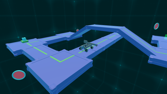 Das aktuelle Level zeigt den Roboter auf einer Hindernis-Strecke mit mehreren Kurven, Hindernis-Blöcken und einer Brücke.