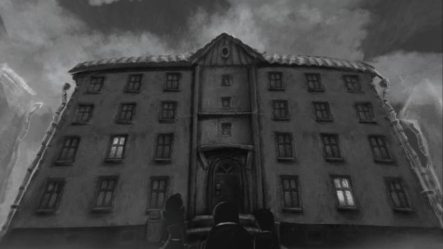 Der triste, düstere Wohnkomplex ist von außen aus der Sicht einer neuen Familie zu sehen.