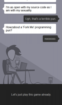 Der Hauptcharakter chattet mit den Spieler*innen und macht dabei einen Programmierer-Witz.