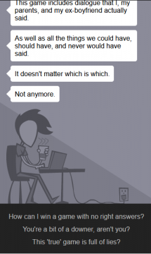 Der Hauptcharakter erklärt, dass es ein Spiel mit Halbwahrheiten ist, welches teilweise auf echtem und fiktivem Dialog beruht.