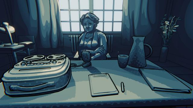 Die Protagonistin Esther Katz interviewt eine ältere Dame in ihrem Büro.