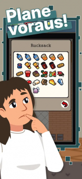 Eine Bewohnerin von Krisopolis überlegt, welche Dinge sie in ihrem Rucksack mitnehmen sollte.