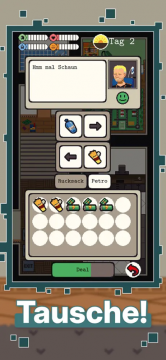 Die Spieler*innen handeln ihre Vorräte mit einem Bewohner von Krisopolis.