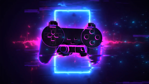 Hologramm eines lila umrandeten Gaming-Controllers vor einem dunklen Hintergrund