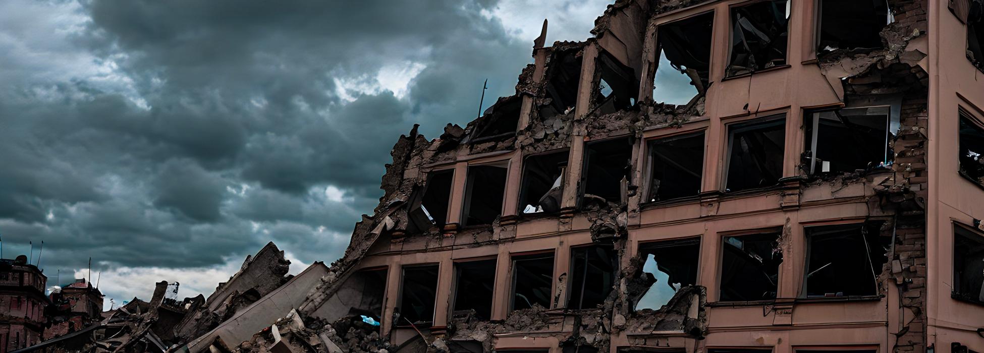 Zertrümmertes Gebäude vor dunkelgrau bewölktem Himmel