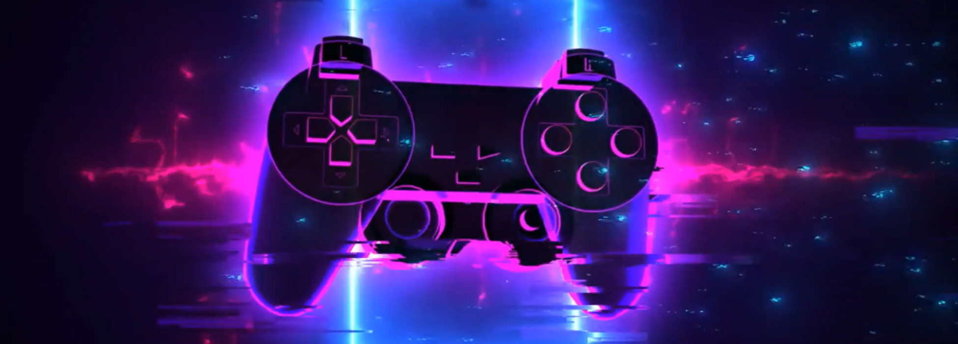 Hologramm eines lila umrandeten Gaming-Controllers vor einem dunklen Hintergrund