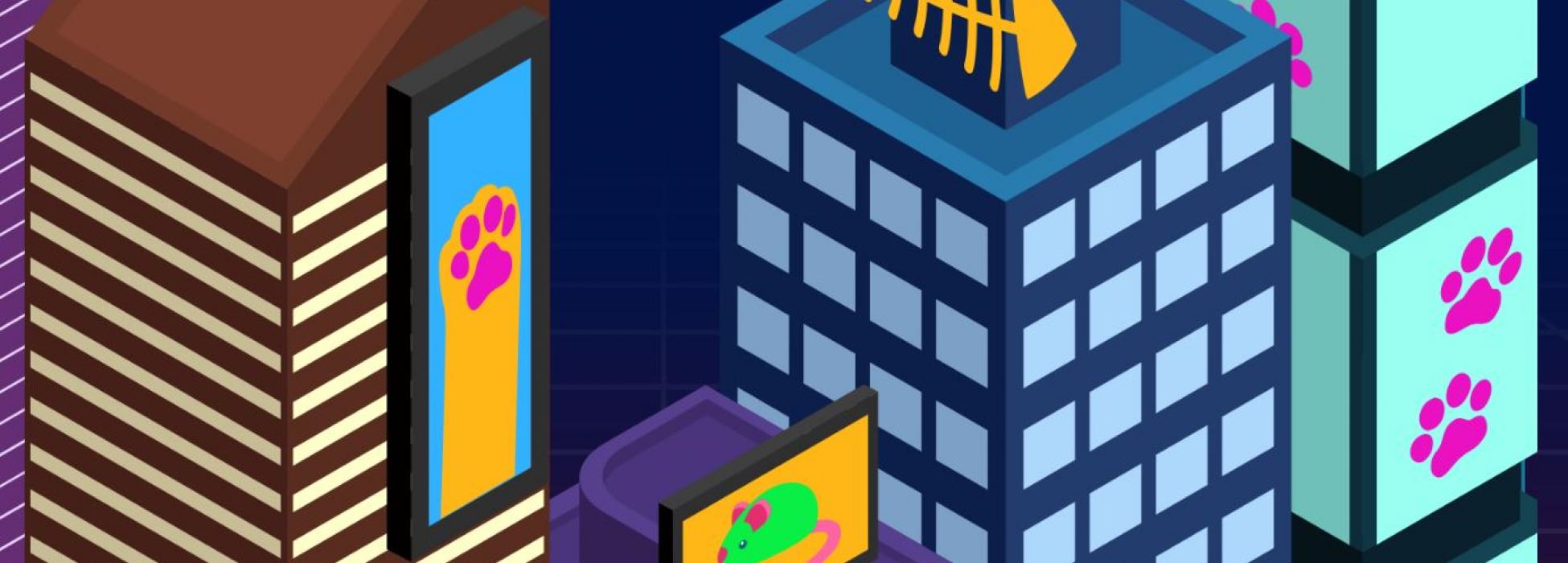 Ausschnitt aus dem Hauptmenü, verspielte Aneinanderreihung bunter Hochhäuser in einer von Katzen bewohnten Stadt