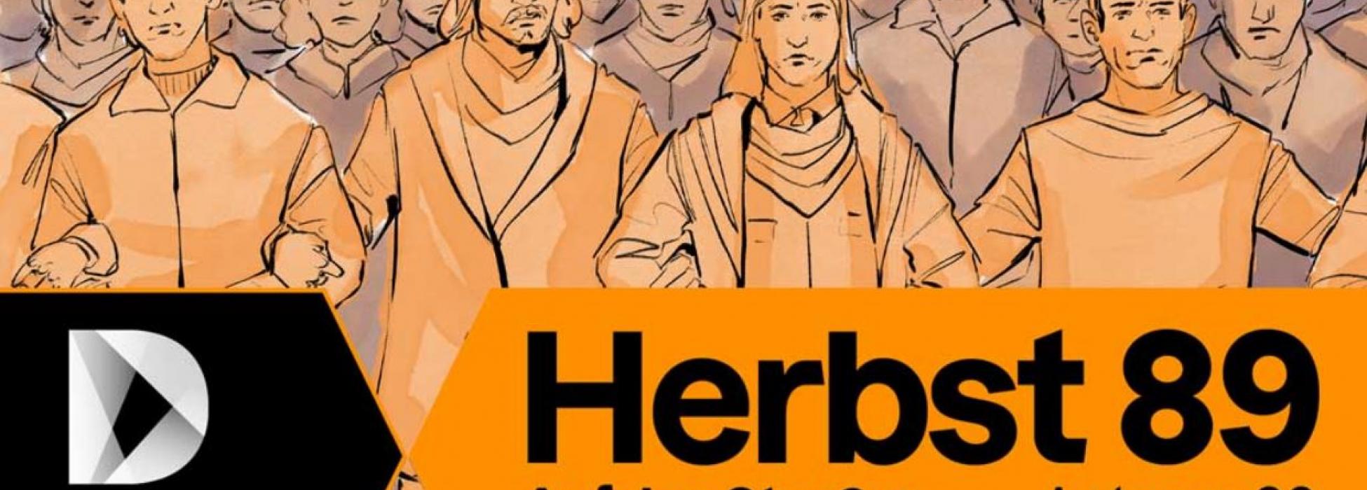 Schwarzer Schriftzug 'Herbst 89 - Auf den Straßen von Leipzig' auf orangenem Grund, Logo vom Deutschen Historischen Museum, dahinter skizzenhafte Illustration von Demonstrierenden