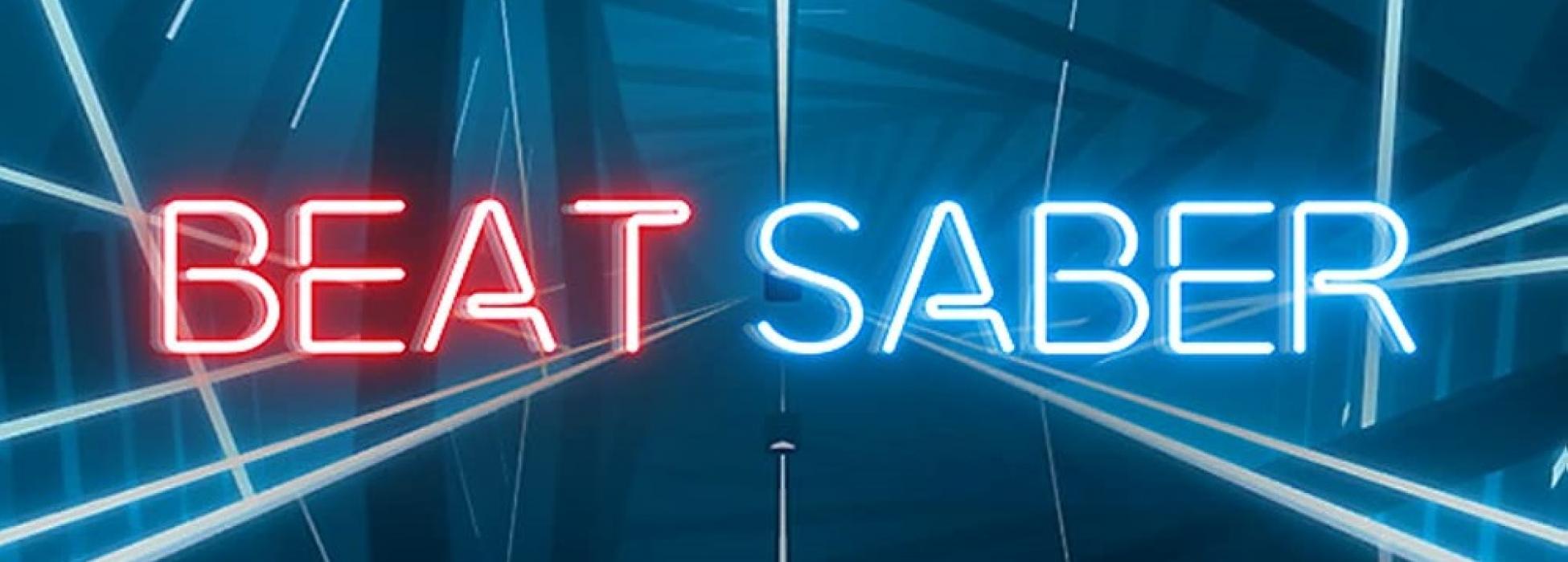 'Beat Saber' in roter und blauer Neonschrift vor futuristischem Hintergrund