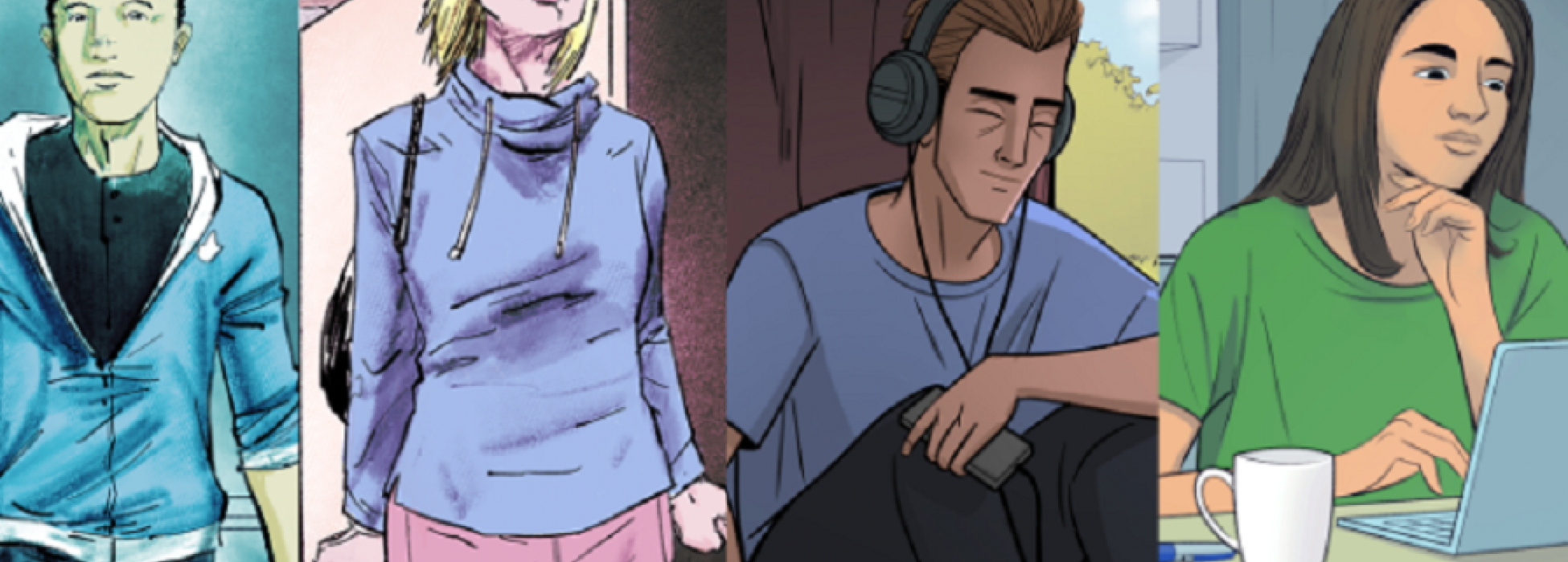 Collage der vier Hauptcharaktere - Marco, Franziska, Jens, Jasmin