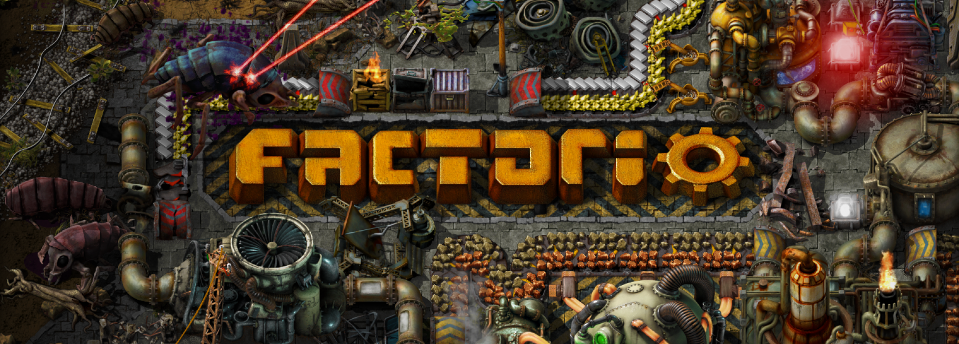 Das Logo des Spiels ist als mechanisches Bauteil in einer Weltraum-Basis zu sehen. Die Basis enthält Maschinerie aus dem Spiel und wird von Alien-Kreaturen angegriffen.