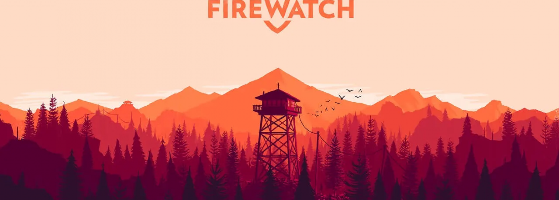 Stilisierte Darstellung des Waldgebiets aus Firewatch mit dem Aussichtsturm in der Mitte des  Waldes. Die Gesamte Landschaft ist in Rottönen dargestellt, als wäre sie von der untergehenden Sonne beleuchtet. 