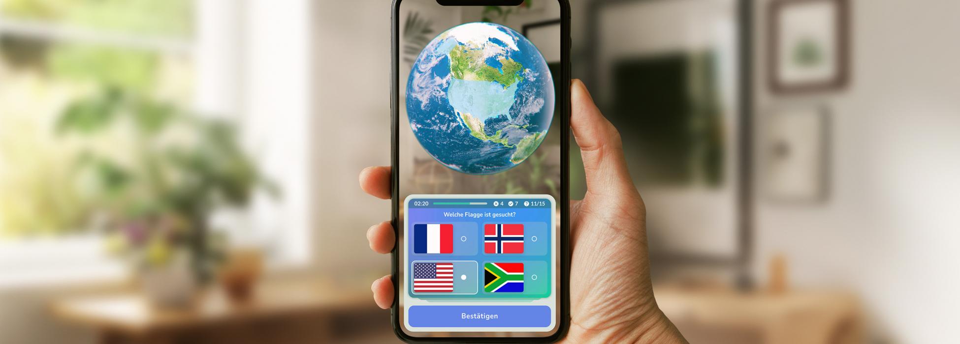 Die Spieler*innen müssen eine Quiz-Frage in der Kategorie Flaggen beantworten