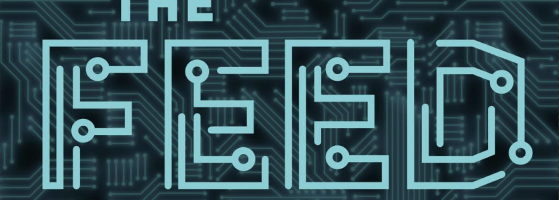 Türkiser Schriftzug "The Feed" auf dunkelblauem Hintergrund mit Platinen