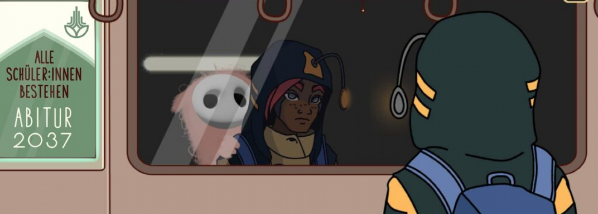 Der Hauptcharakter steht in der Bahn und spricht mit den Spieler*innen